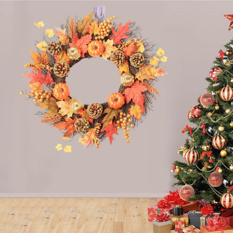 

2020Artificial Pumpkin Wreath Autumn Holiday Thanksgiving Day Front Door Wall Hanging Garland 60CM, Gold