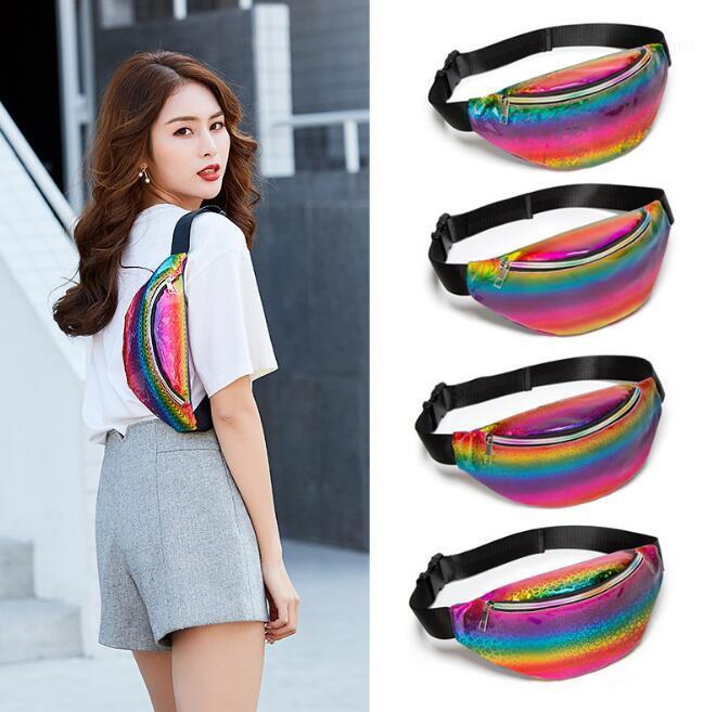 

Gradient color women's waist bag Xia Xin laser cool sequined shoulder casual personality chest bag1, Blue
