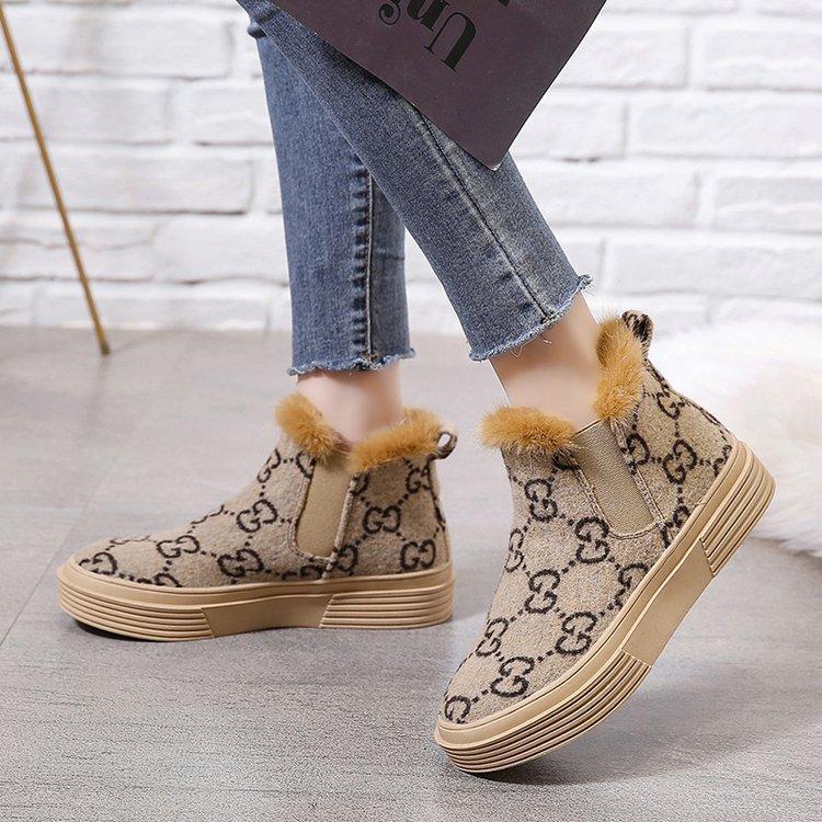 

Women's shoes autumn and winter new women's boots color matching printed plaid fur ankle boots with cotton to keep warm, Beige