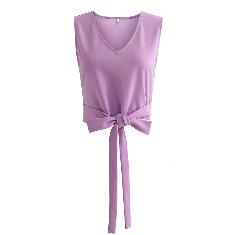 

New Elegant Women V-neck Slim Shirts 2021 Fashion Ladies Light Purple Sleeveless Tops Sweet Female Chic Cross Bow Blouses Aid9, Lavender