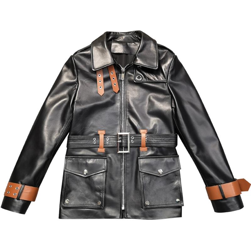 

Womens 2020 Autumn Winter Black Genuine Leather Jackets Real Sheepskin Vintage Trench Coat With Belt Ladies Outerwear Plus Size