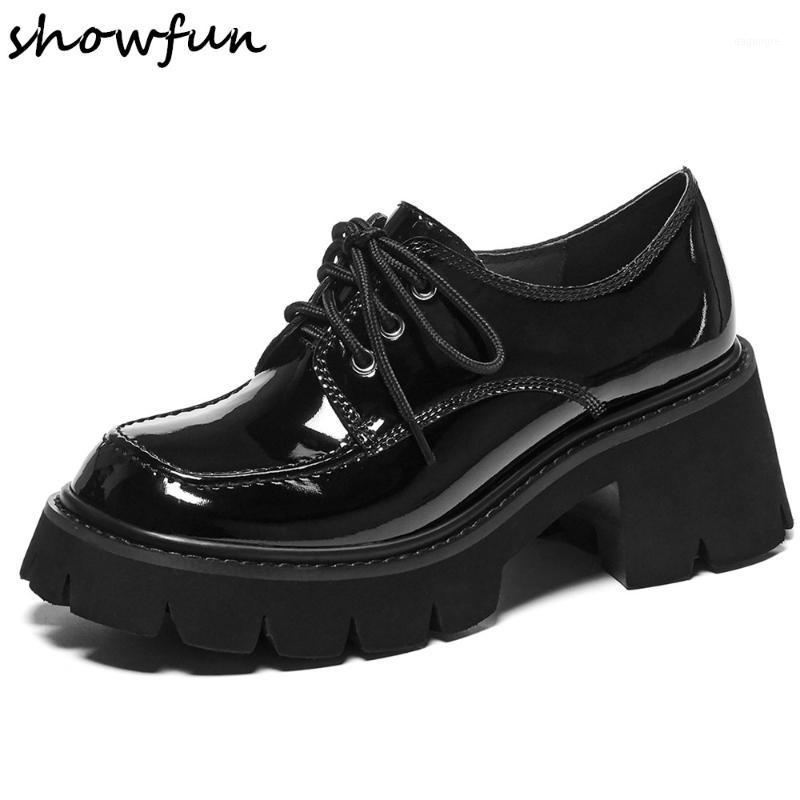 

Women's genuine leather chunky heel lace-up oxfords square toe med heel comfortable top quality pumps british style shoes women1, Black