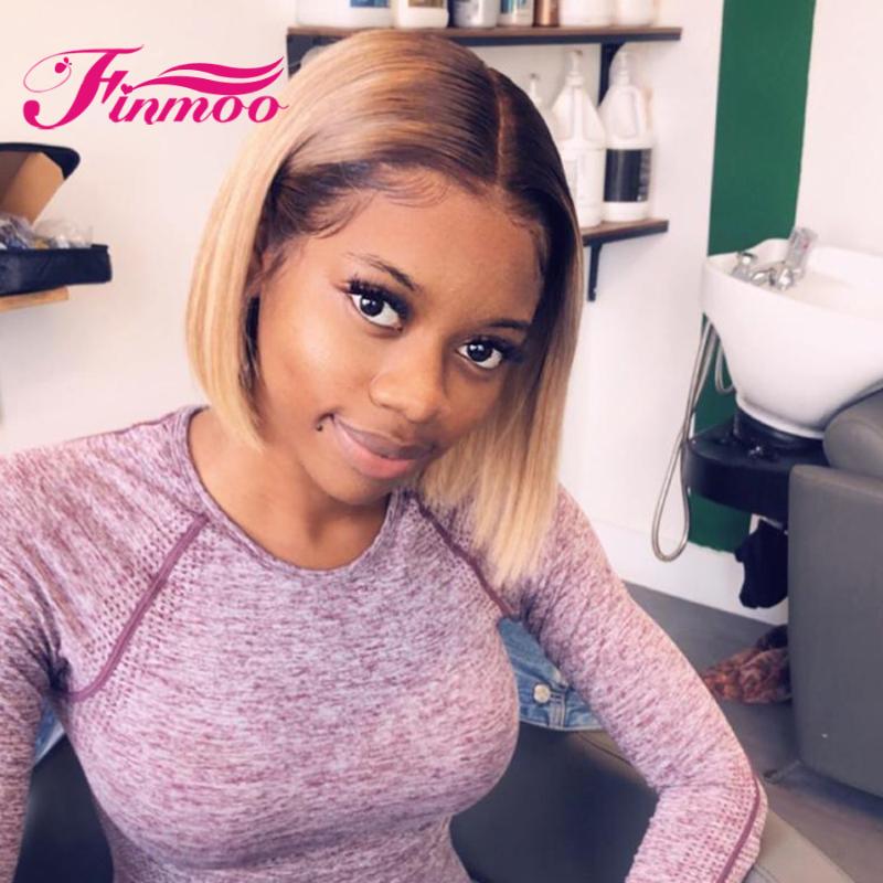 

#4/27 Ombre Brown Colored Straight Bob Part Lace Front Human Hair Wigs Brazilian Remy Hair Wigs 180% Density Transparent Lace, As pic