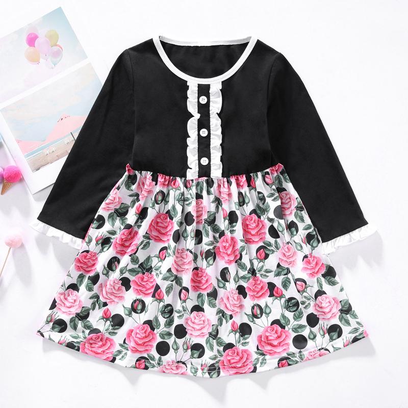

Trendy Print Cloth Toddler Kids Children Girls Flowers Print Cute Winter Clothes Princess Dress Christmas Clothes Vestido, Bk