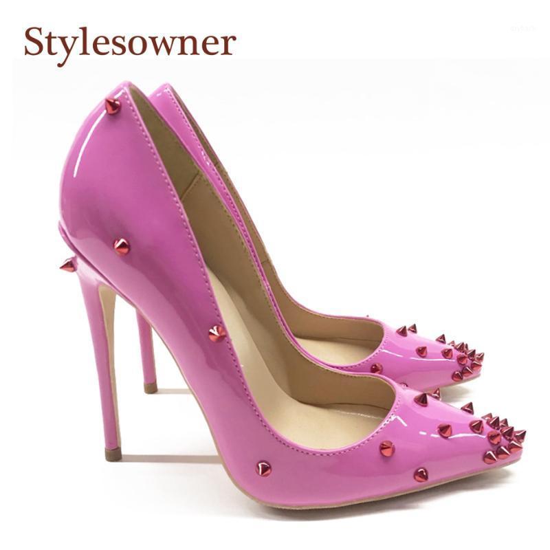 

Stylesowner 2021 New Arrival Rivets Studded Pumps Rose Pink Thin Heel Sexy Wedding Shoe Pointy Toe Fashion Prom Party Shoes1, 12cm heel