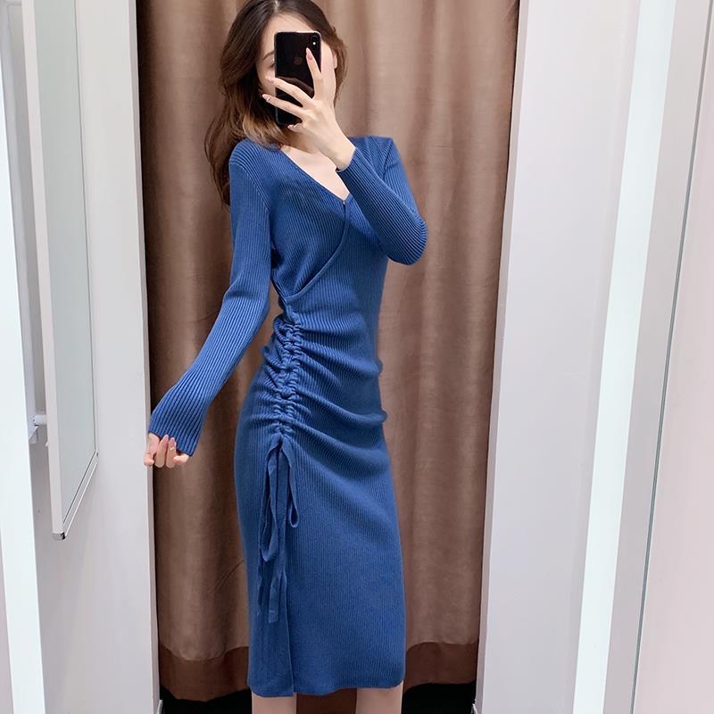 

Jersey Dress 2020 New Style for Autumn and Winter Elegant Drawstring Split High Waist Bottoming Sweater over the Knee Dress High, Beige