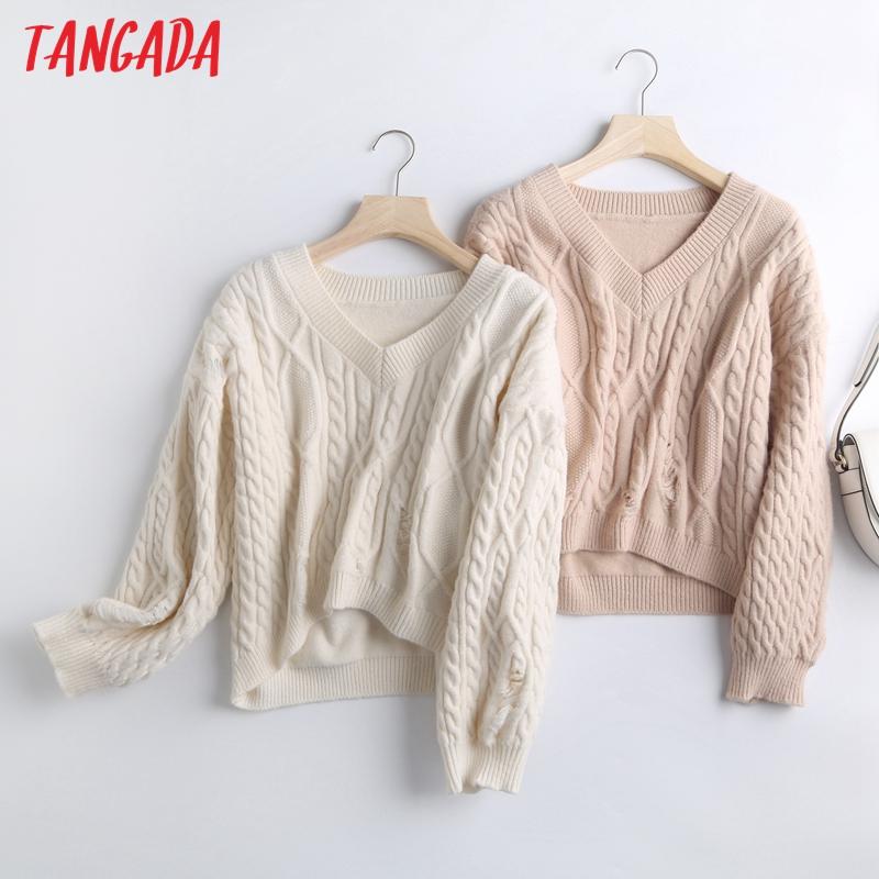 

Tangada 2020 autumn winter women solid twist sweater ripped loose v neck long sleeve knitted jumper tops BC61, Beige
