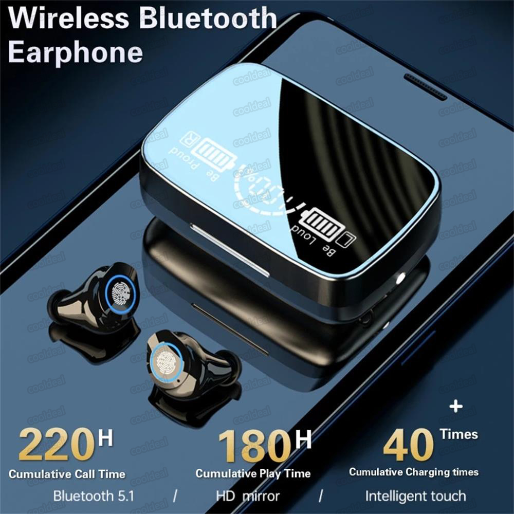 

M9-17 TWS 5.1 Bluetooth Wireless Earbuds TWS IPX7 Waterproof Touch Control Sport Headset Headphones Noise Cancel LED Display, Black