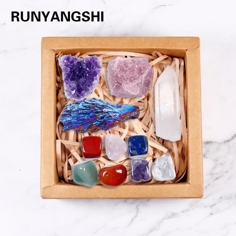

11 pcs Healing Crystals and Stones Chakra Set/Purple Amethyst Cluster, Rose Quartz, and Clear Quartz Gemstone, 7 Tumbled Stones