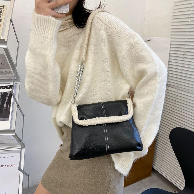 

Lamb Wool Small Bag Women 2021 Fashion Luxury Handbag Designer Brand PU Tote Bag Ladies Large Capacity Shoulder Messenger, Black