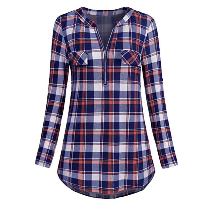 

Women' Zip Pocket Plaid Printed Blouse Long Casual Rolled Sleeve V Neck Tee Shirt Tunic Tops Blouse Blusa De Mujer, Red