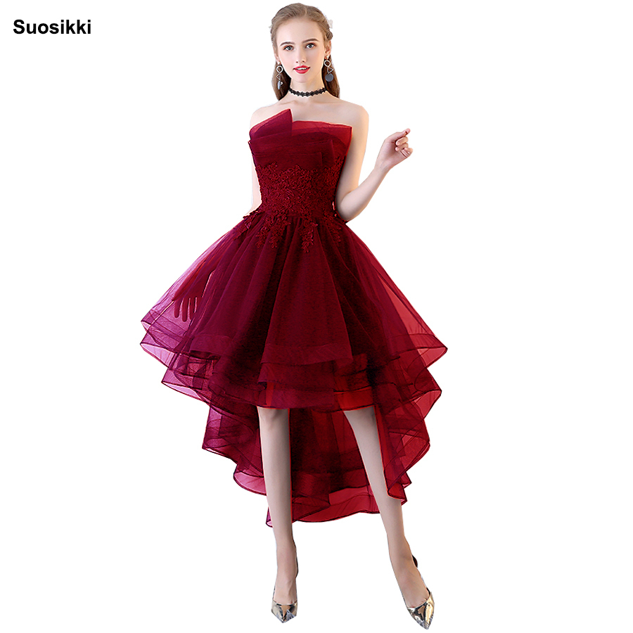 

Evening Dresses Short Front Long Back Party Prom Lace Applique Navy Blue Strapless Vestidos De Festa Formal Gown 201114, Black