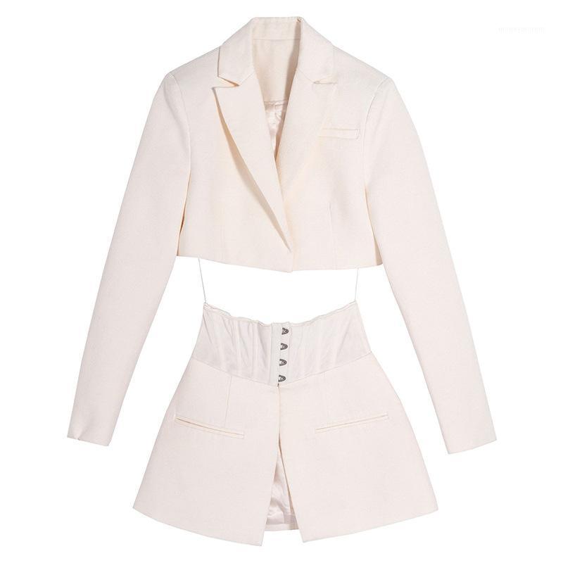 

Elegant Solid Color Women' Two-Piece Suit 2020 Spring Suit Collar Long Sleeve Short + Corset Girdle Women's1, White