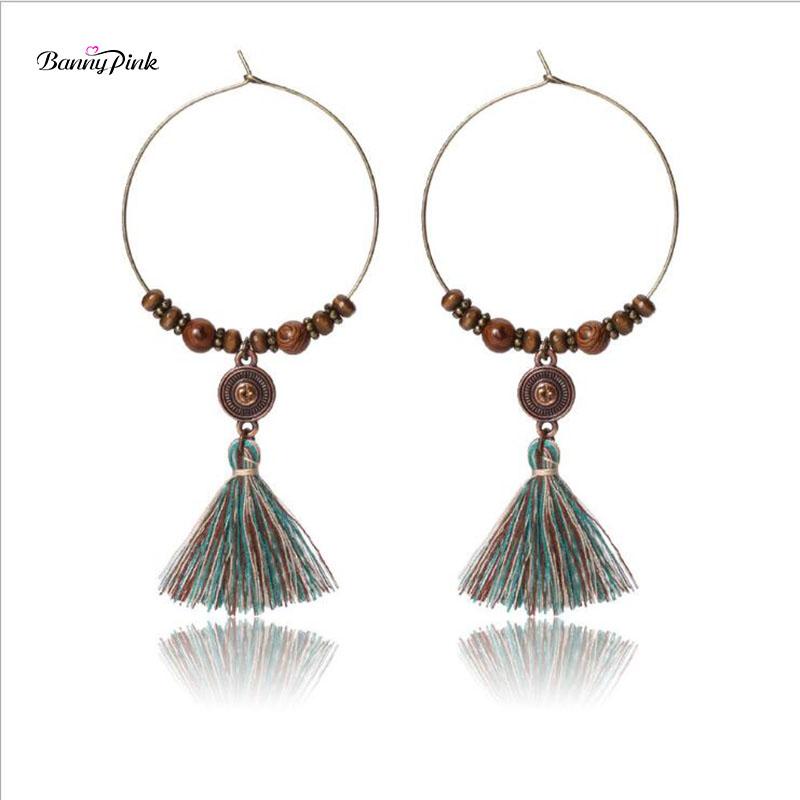 

Banny Pink Bohemia Beads Statement Round Hoop Earrings For Women Vintage Tassel Pendant Earrings Fashion Jewelry Pendientes