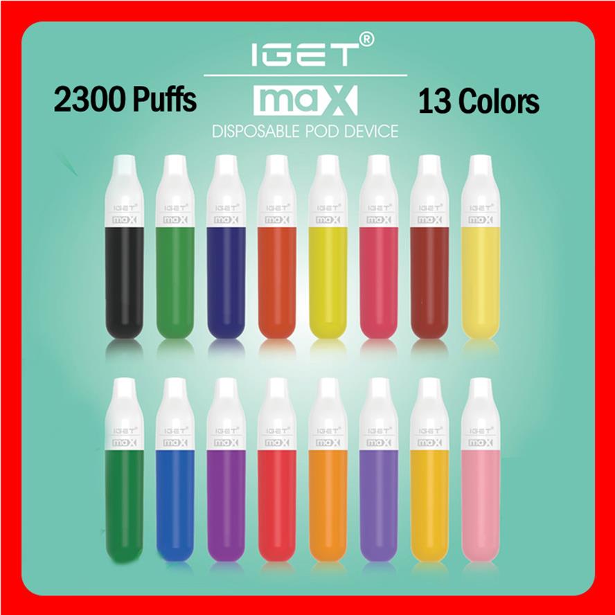 

Original IGET MAX Disposable Pod E-cigarette Device Kit 2300 Puffs 8ml Prefilled Pods Cartridges 1100mAh Battery Stick Vape Pen 100% Genuine VS FLUM FLOAT XXL a37, Tell us the colors