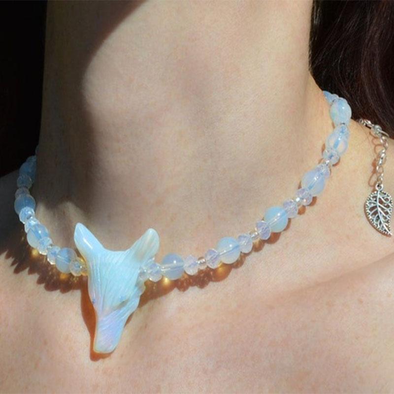 

Opalite wolf necklace, white wolf jewelry, witchy opalite necklace, queen witch jewelry
