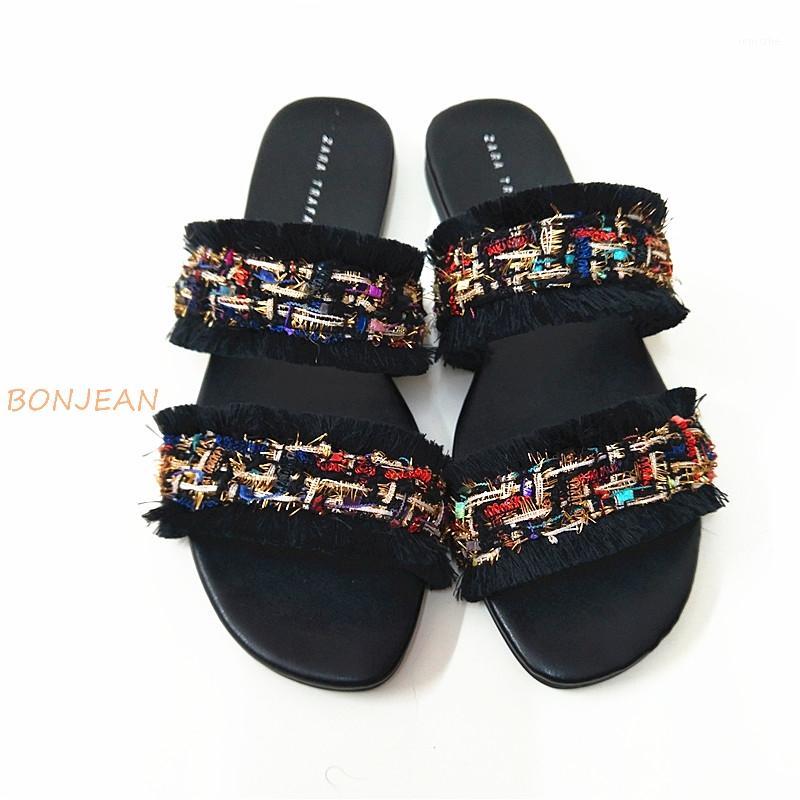 

Summer New Women Mixed Color Flats Slippers Fashion Casual Outside Slippers Ladies Flats tassels Slides Women Beach1, Beige