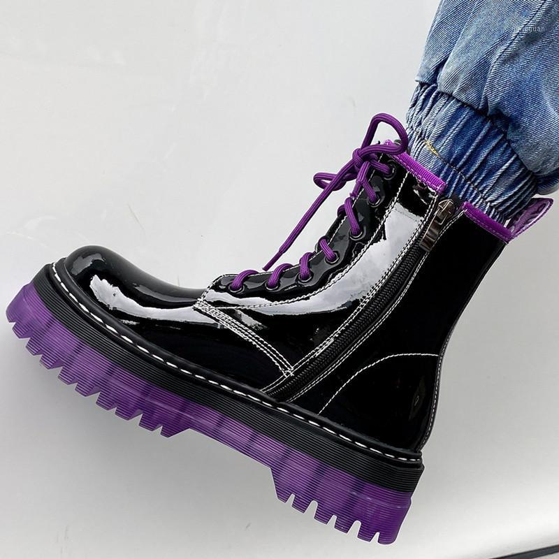 

2021 New Platform Handmade Patent Leather Women Boots Round Toe Thick Sole Shoes Cross Tied Zipper Femimine Fashion Ankle Boots1, Black