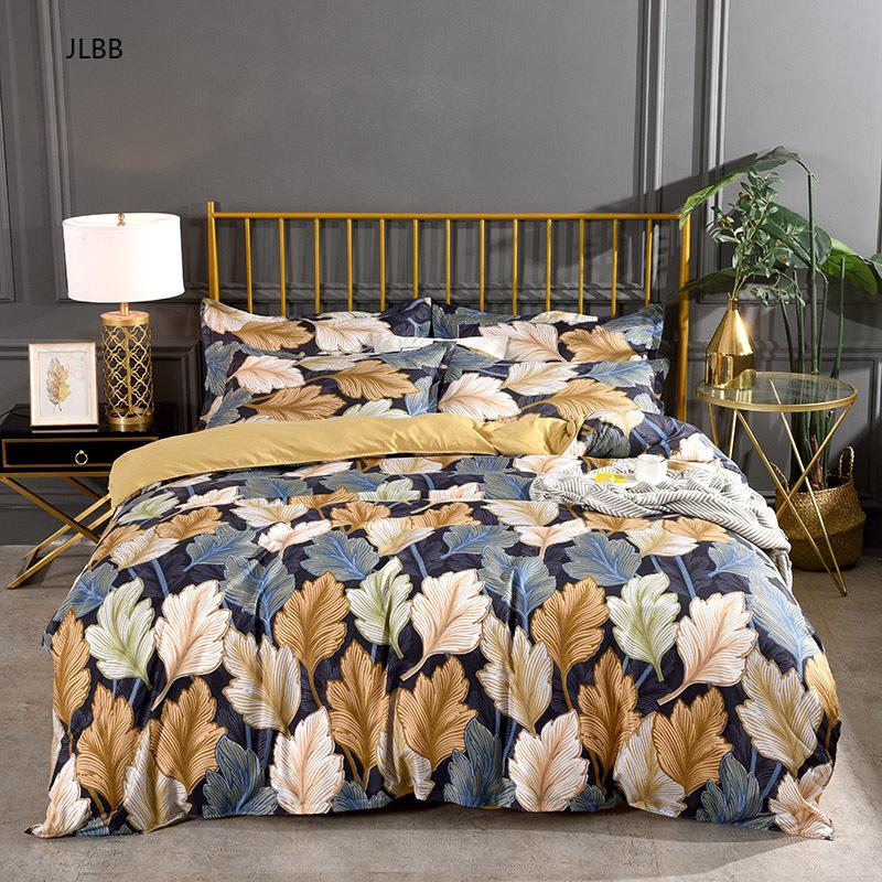 

Modern Leaf Printed Bedding Sets Nordic Flat Bed Linen Sheet Plaid Stripe Duvet Cover Set Single Double Queen King Bedclothes