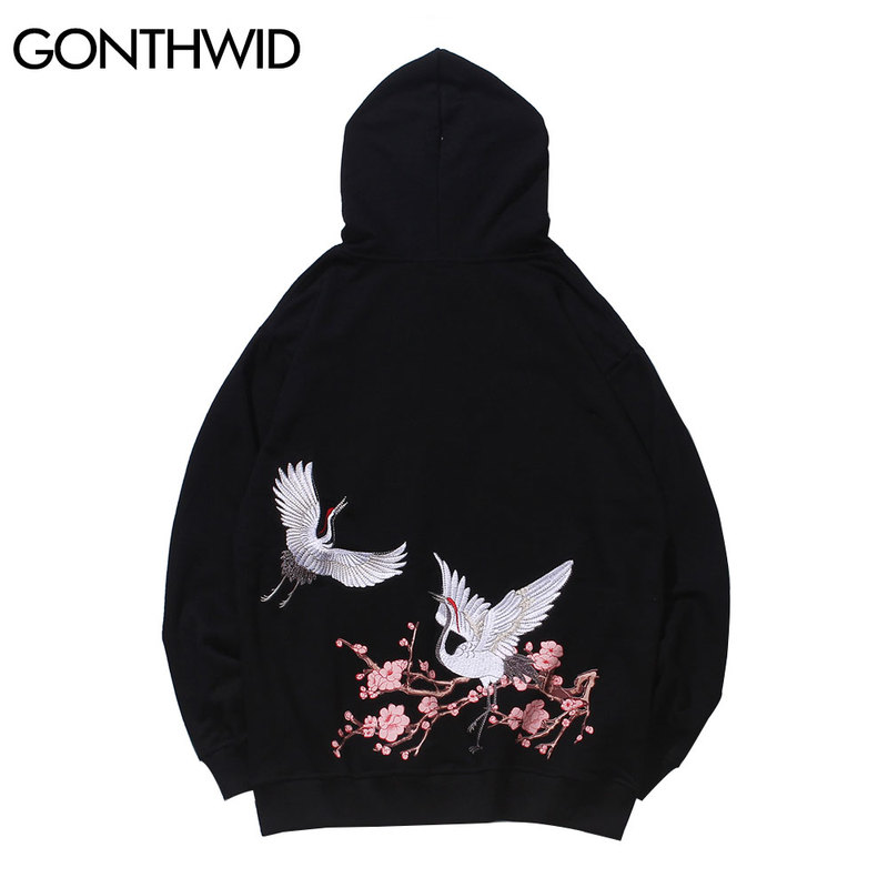 

Japanese Style Embroidery Cranes Cherry Blossoms Print Sweatshirts Streetwear Harajuku Men Hip Hop Casual Hooded Hoodis, White