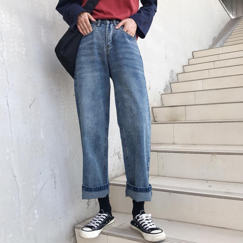 

2020 Spring loose cotton denim trousers wide legs wrinkle wash long jeans for school girls1, Blue