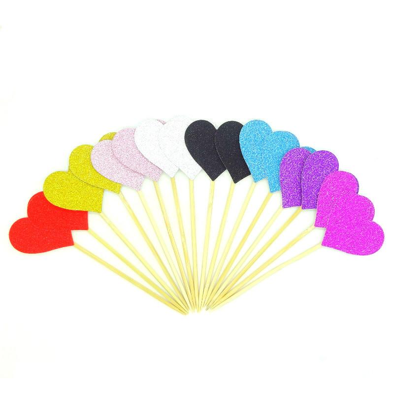 

30PCs/set Colored Bling Heart Shape Cupcake Toppers Insert Cards with Toothpick Wedding Birthday Party Gifts Cake Decorations