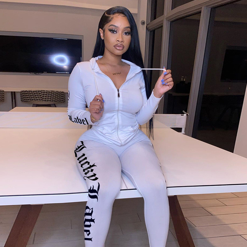 

Letter Print Zip Up Casual Sporty Two Piece Sets Women Workout Fall Winter Long Sleeve Hooded Top And Pants Lounge Set, Blue