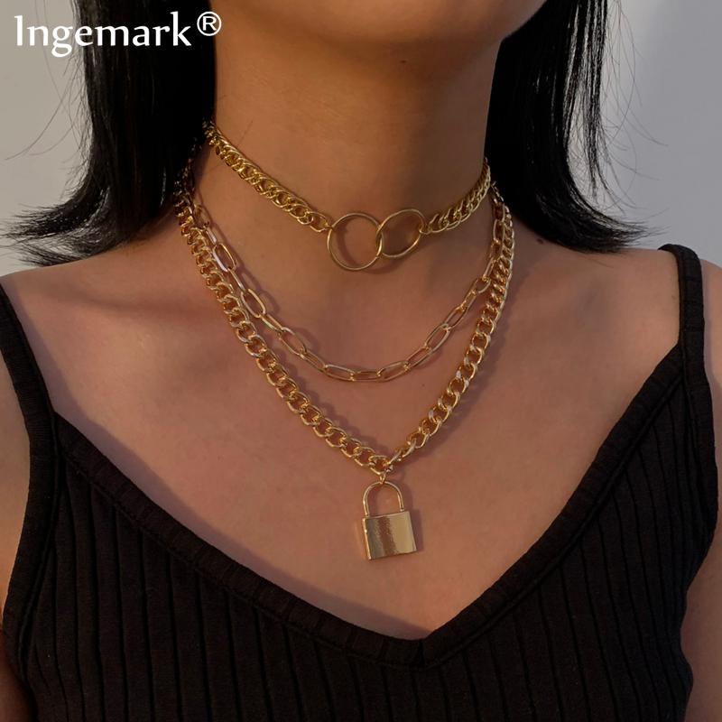 

Multilayer Lock Chain Necklace Padlock Pendants Women Men Punk Chunky Thick Choker Necklaces Jewelry Neck Aesthetic Accessories