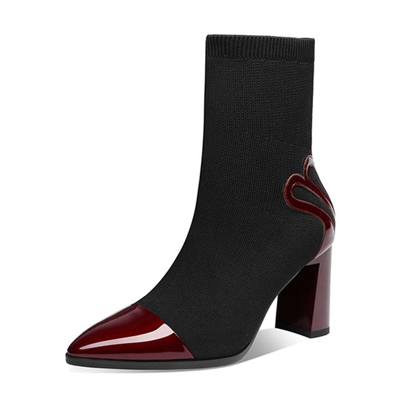 

Black Boots Elastic Cloth Sock Women Shoes Winter Wild Patent Leather Pointed Head Womens