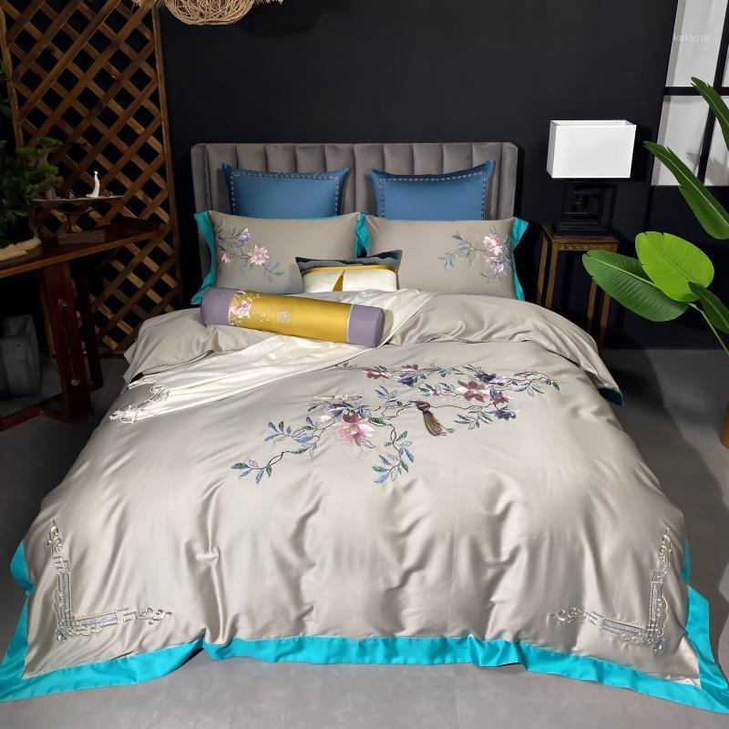 

600TC egyptian cotton Bedding set flowers bird embroidery Duvet cover flat sheet Bed Sheet/Linen Pillowcases 4pcs bed set1, As pic