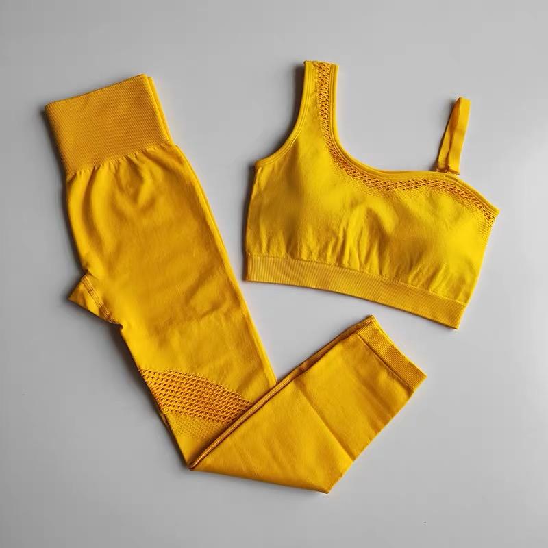 

2PCS Gym Yoga Set Women Sleeveless Workout Clothing Sports Bra Suit Hollow Crop Tank Top High Waist Fitness Leggings Sportswear, 0318bv green bra