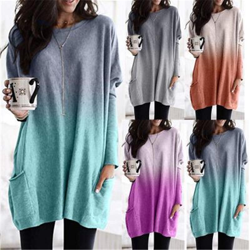 

Gradient Color Pockets Women T-shirt Plus Size O-neck Long Sleeve Pullover Long Style Casual Loose Tops Streetwear Mujer Tshirt, Purple