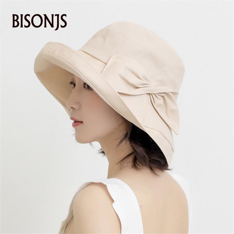 

BISONJS New pure color fisherman's hat fashion bowknot design summer sun hat for women big eaves UV protection female cotton1, Pink