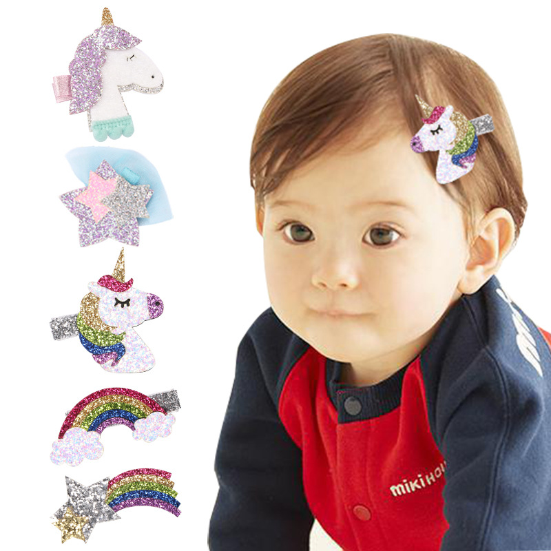 

Baby Girls Shining Dimensional Unicorn Star Rainbow Barrettes Hair Clips Hairpins Kids Headdress Accessories Beautiful HuiLin B41, As photo