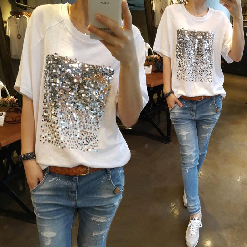 

Summer 2021 new Korean version of the loose large size cotton sequins bamboo cotton white t-shirt female short-sleeved fitness, Black