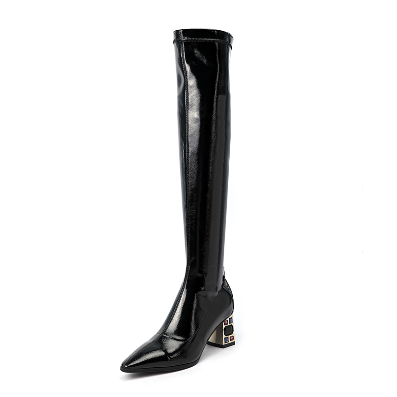 

2021 New on Knee Fashion to Shoes High Heels Woman Winter Boots GLWS, Black flock