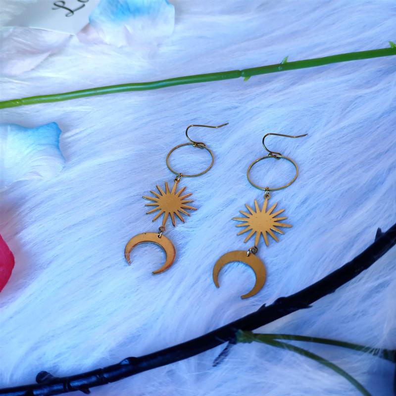 

Sun and moon earrings Space Celestial Sun Crescent phase Boho jewelry Witchy Gypsy brass fashion women gift dangle earrings new