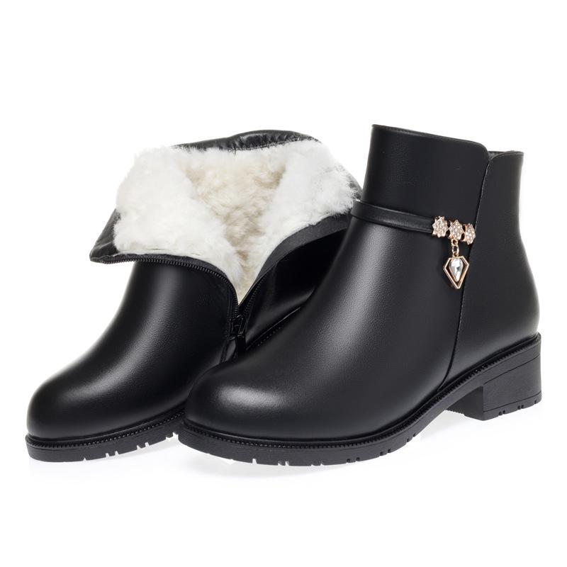 

New Top Cowhide Crystal Fashion Leather Boots Short Tube Ankle Boots Thick Heel Plush and Wool Snow Large Size Warm, Brown single boots