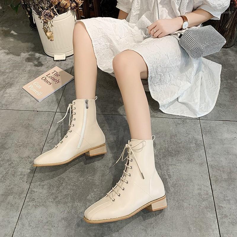 

2020 spring and autumn square top lace-up single boots retro boots for women casual thick heel X5131, Beige