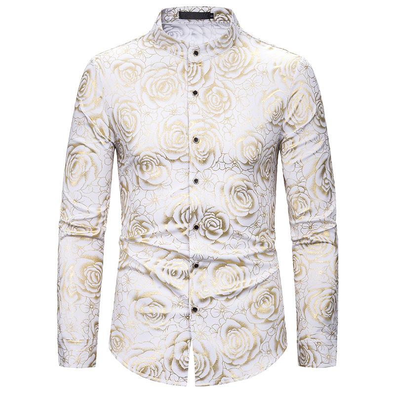 

good quality rose print slim fit casual long seeve shirts mens wedding party shirt for male Camisa Masculina, Gold