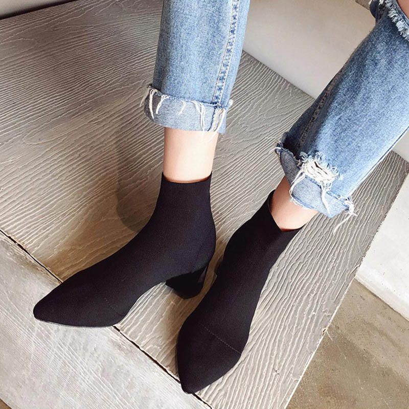 

2021 New Women Knitting Elastic Autumn Sock Boots Square Middle Heels Pointed Toe Short Boot Ladies Casual Fashion Shoes Ttyy, Beige