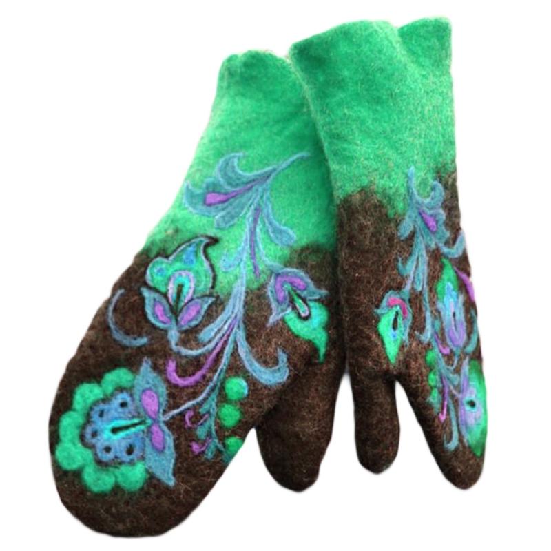 

Women Winter Faux Cashmere Warm Full Finger Gloves Floral Embroidery Mittens