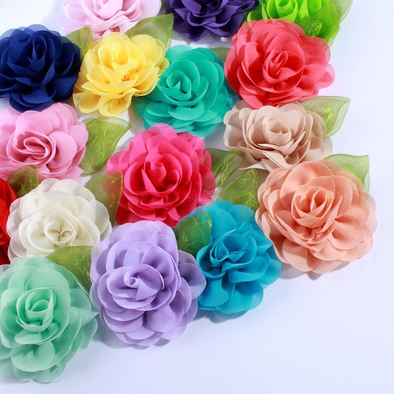 

10PCS 8.5CM Fashion Chiffon Fabric Flower With Green Leaf For Wedding Dress Decoration Artificial Flowers For Wedding Invitation1, Yellow