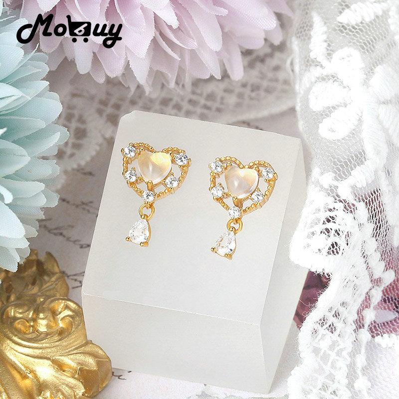 

MoBuy 925 Silver Stud Earring For Women Vive Sweety Heart Natural Rose Quartz Gemstone 14K Gold Plated Fine Jewelry MBEI133