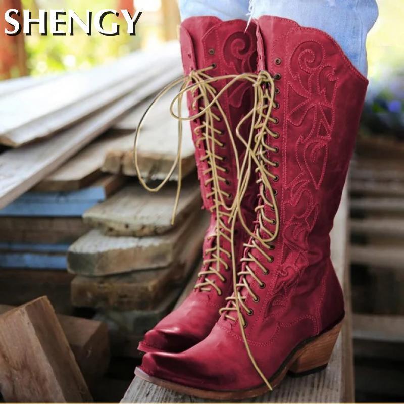 

New Fahsion Shoes Women Boots Solid Color Lace-Up Sewing Outdoor Pointed Toe Ladies Fashion Mid-Calf Western Motorcycle Boots1, Black
