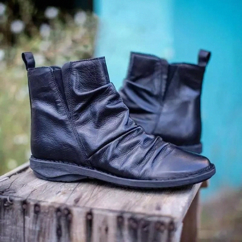 

Women Punk Boots 2020 Retro Autumn Ankle Boots PU Leather Solid Color Soft Sole Winter Snow Black Flat Ladies Shoes #Ow4G