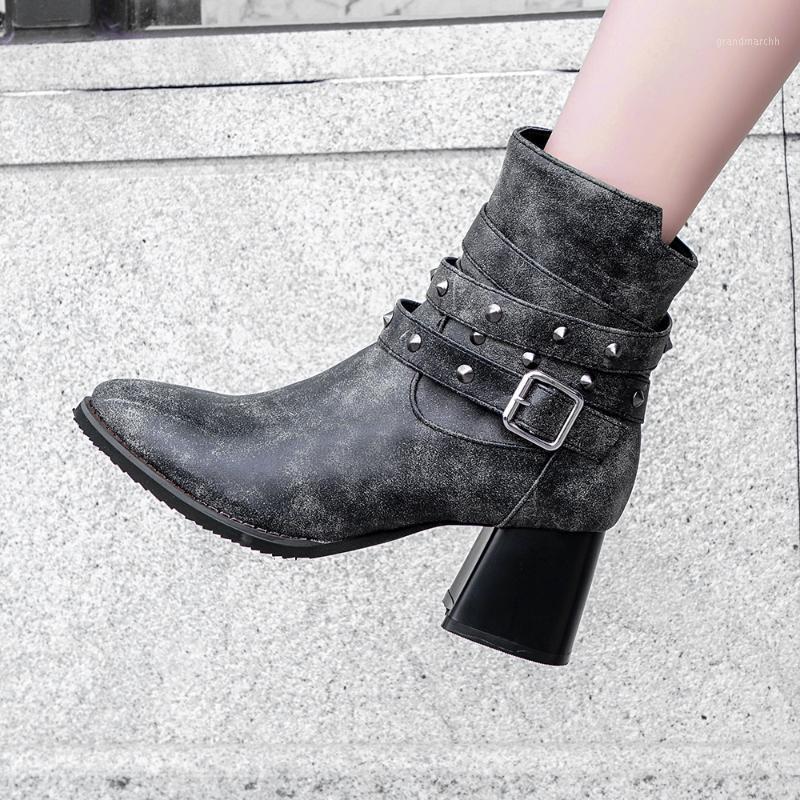

Foreign trade women's shoes star same rivet belt buckle thick heel short boots large size boots booties woman1, Brown