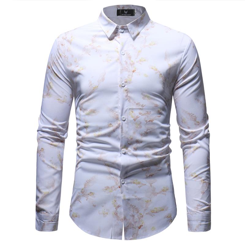 

White Floral Print Shirt Male 2020 Brand New Slim Fit Long Sleeve Mens Dress Shirts Chemise Casual Party Holiday Shirt For Men