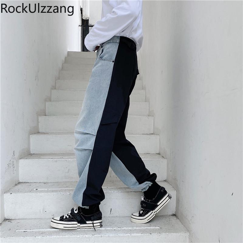 

Japanese Streetwear Fashion Patchwork Contrast Denim Solid Loose Jogger Pant Hip Hop Jeans Woman Men Plus Size Vintage Tracksuit, As photo