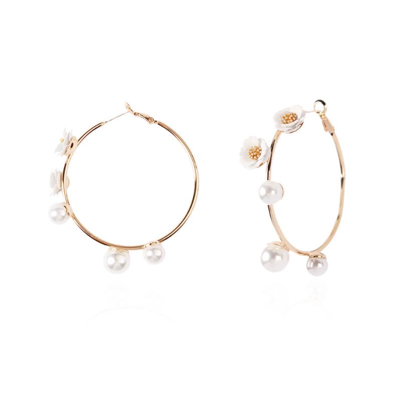 

Large Flower Pearl Round Earrings for Women Peach Blossom Cute Romantic Gold Color Elegant Round Ear Ring Best Jewelry Gift